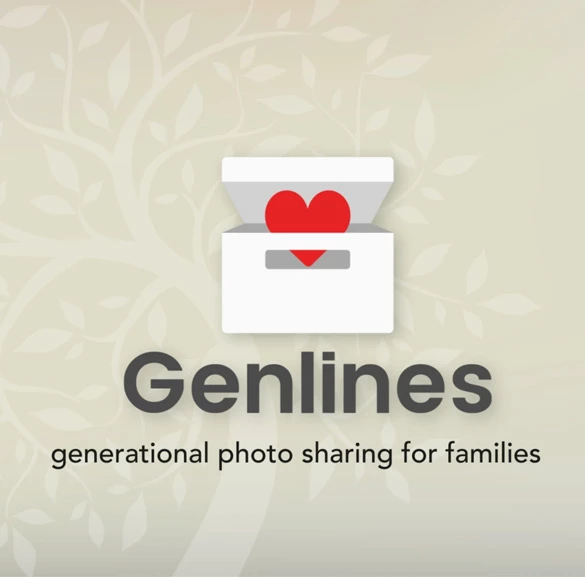Genlines logo with white box and red heart, tagline "generational photo sharing for families", beige leaf-pattern background