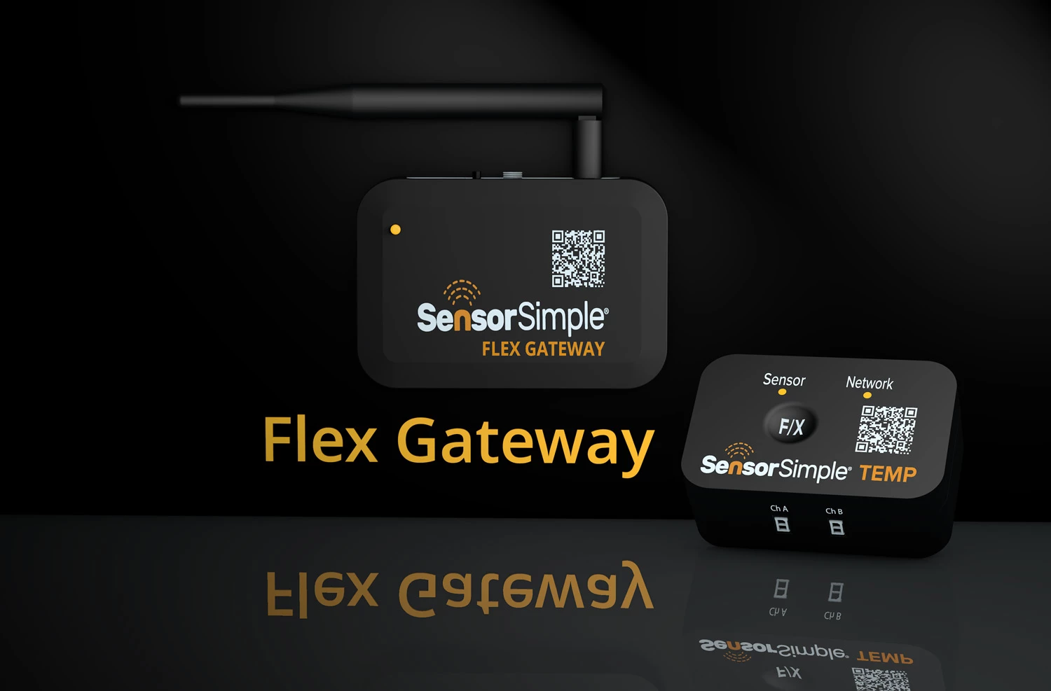 SensorSimple Flex Gateway and TEMP sensor product shot on black reflective surface, headline "Flex Gateway"