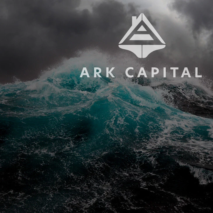 Ark Capital white logo and wordmark over a turbulent teal ocean wave under dark storm clouds, dramatic moody brand visual