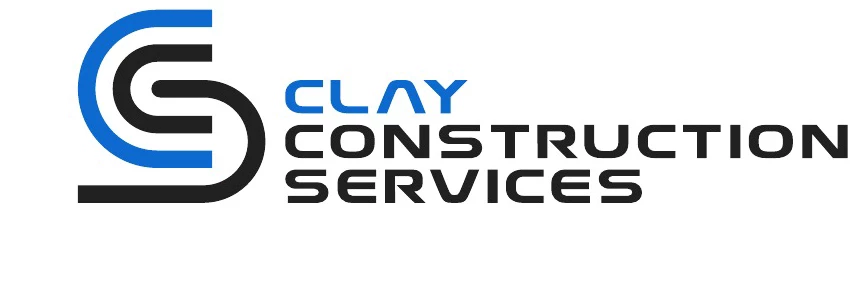 Clay Construction Services logo, interlocking blue and black CS monogram with 'CLAY CONSTRUCTION SERVICES' wordmark