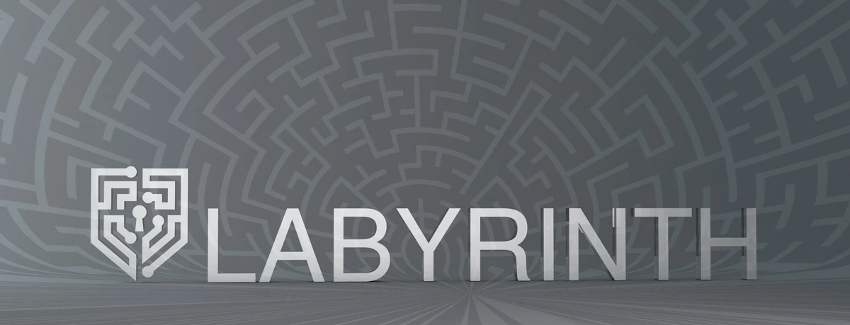Labyrinth brand logo banner, silver 3D metallic wordmark with shield-shaped circuit icon