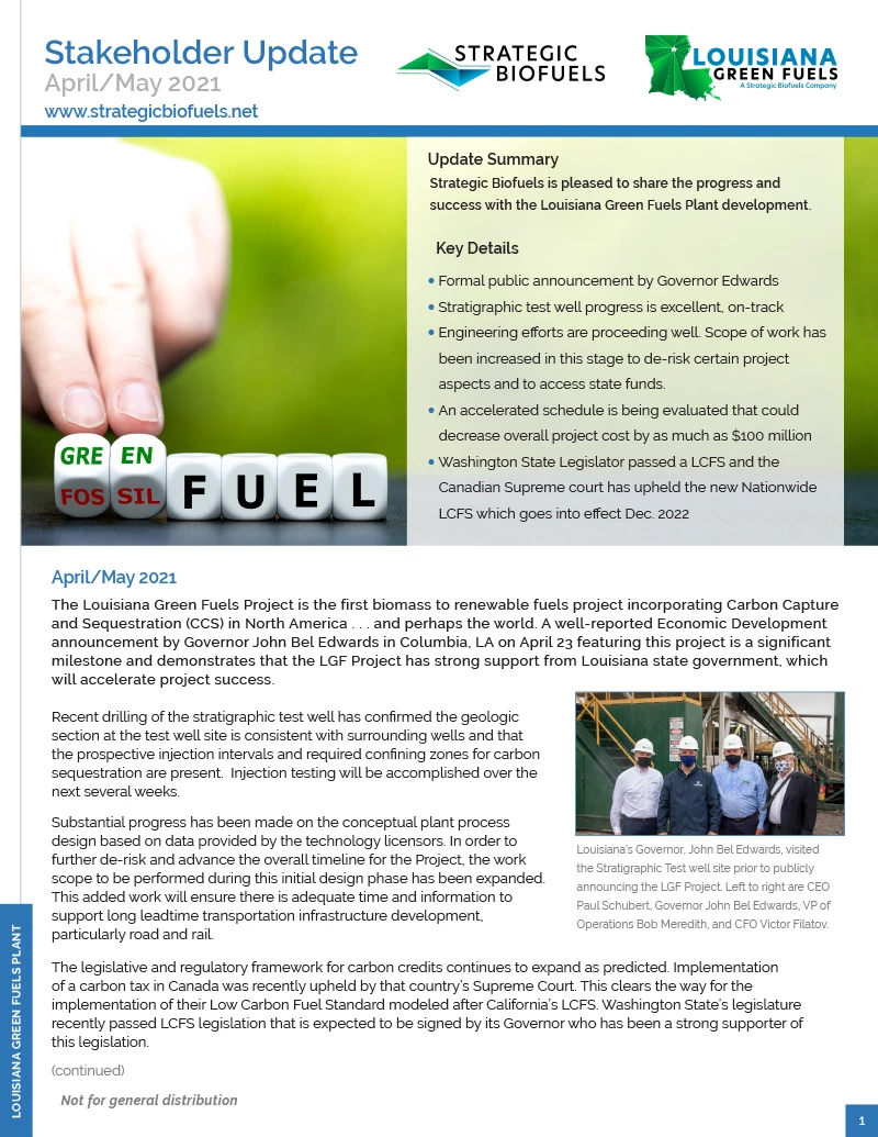 Stakeholder update newsletter for Louisiana Green Fuels plant, April/May 2021
