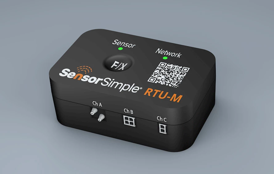 SensorSimple RTU-M black remote terminal unit product shot on gray background, with headline "SensorSimple RTU-M"
