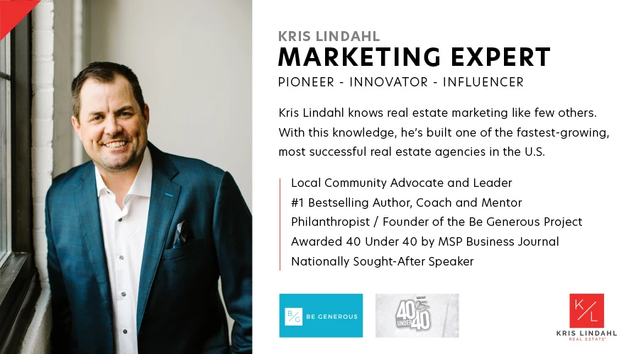 Kris Lindahl marketing expert bio card with man in blue blazer and white open-collar shirt beside a white wall