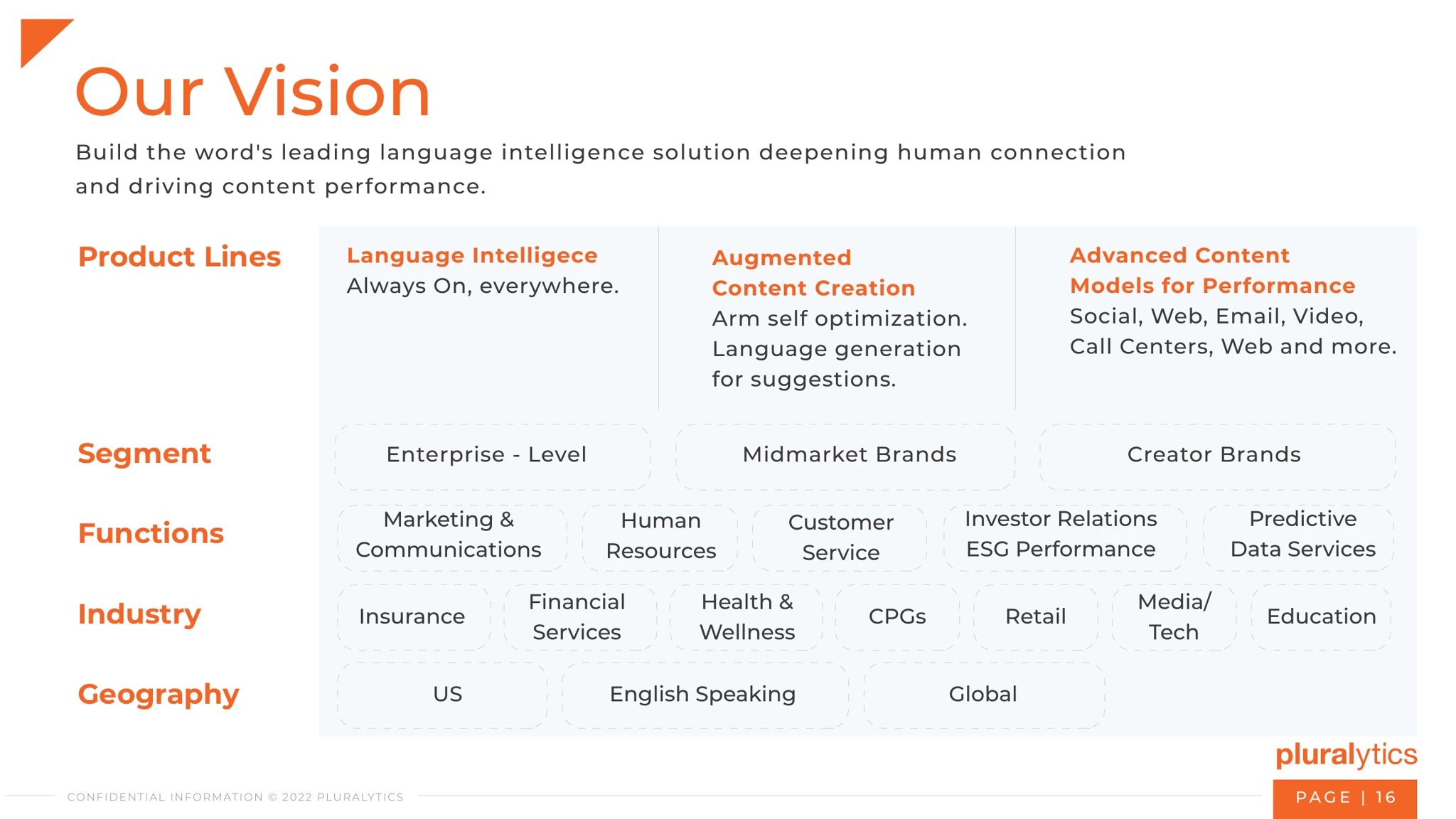 Pluralytics "Our Vision" slide on product lines, segments, functions, industries and geography, headline "Our Vision"