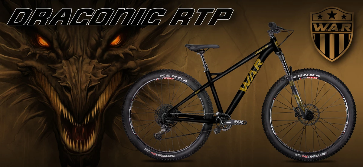 Black WAR Draconic RTP hardtail mountain bike on a bronze dragon-face background, headline "DRACONIC RTP"