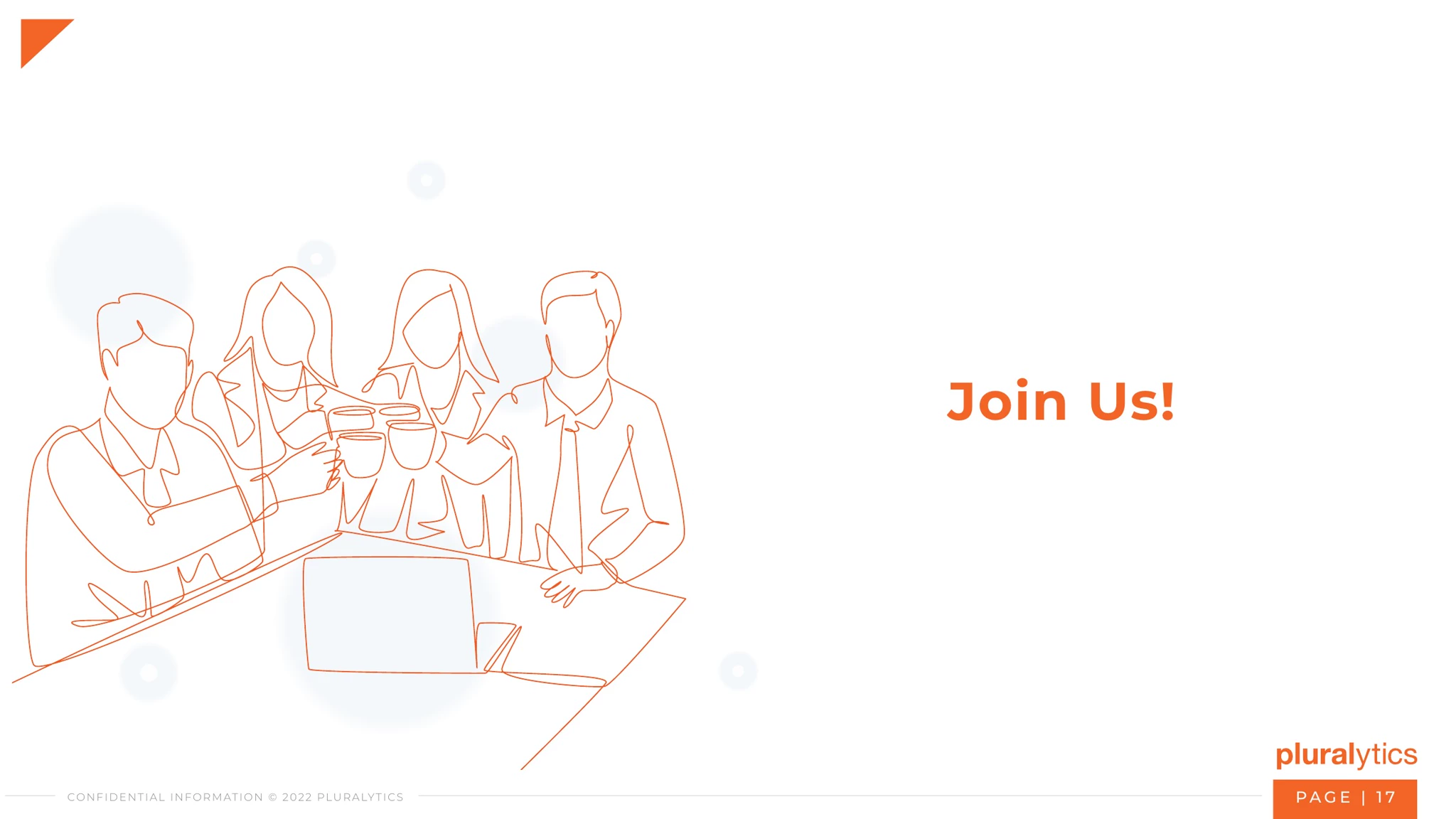 Orange line-art illustration of four people with faceless figures raising mugs around a table with a laptop