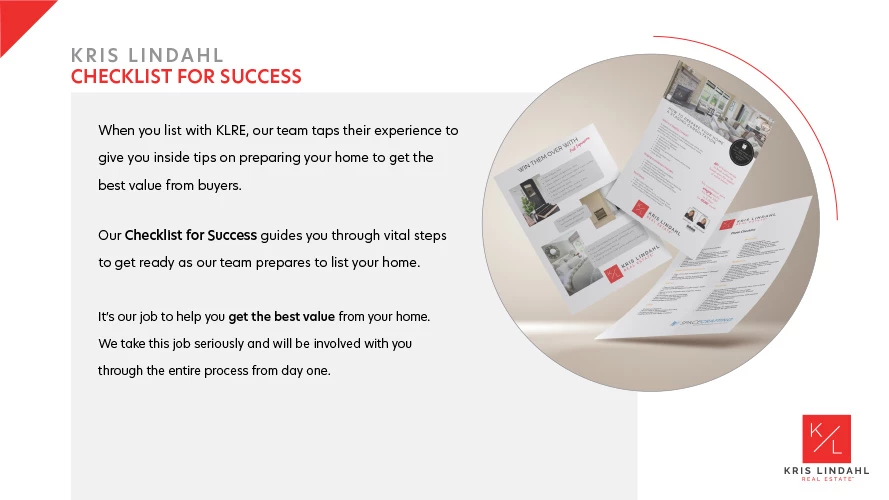 Kris Lindahl Real Estate slide titled "Checklist for Success" with a circular photo of floating checklist pages over a beige
