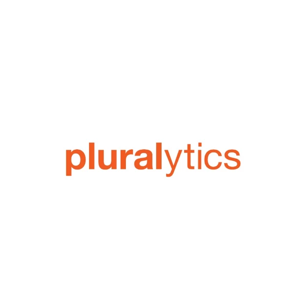 Pluralytics logo wordmark in orange lowercase sans-serif text on white background, brand logo with the text "pluralytics"