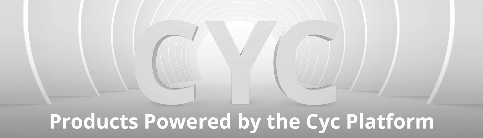 Cyc platform banner with large 3D white CYC letters over a curved white cyclorama backdrop