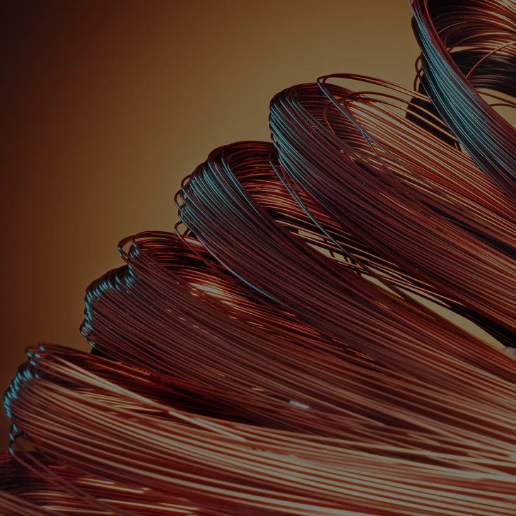 Abstract 3D render of tightly looped copper wire coils stacked in layered waves, warm amber gradient background