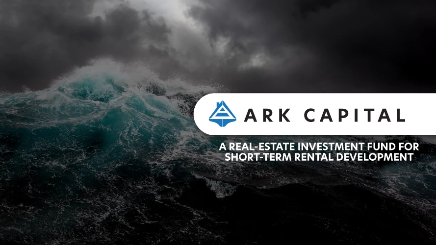 Ark Capital logo banner over stormy ocean wave with dark clouds