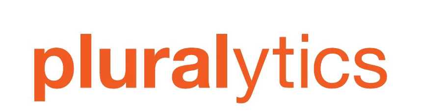 Pluralytics wordmark logo in bold orange lowercase sans-serif type on a white background, brand logo asset