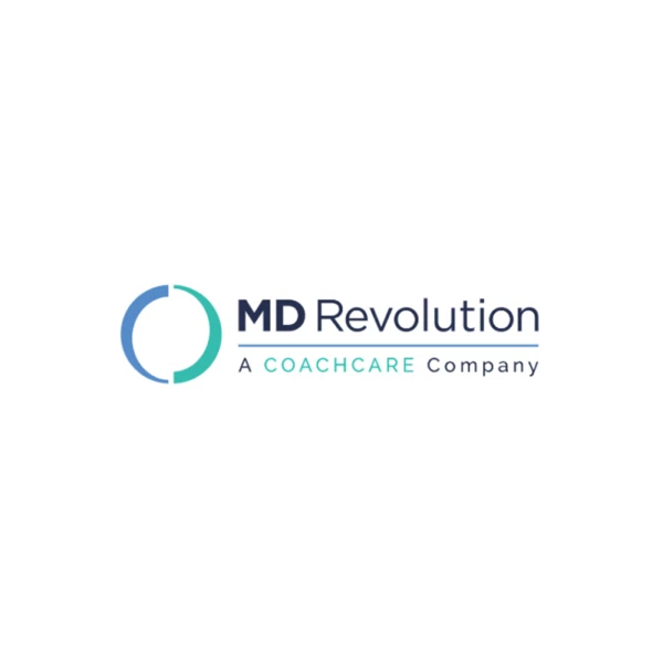 MD Revolution logo lockup with 'A COACHCARE Company' tagline, blue and teal circular ring mark