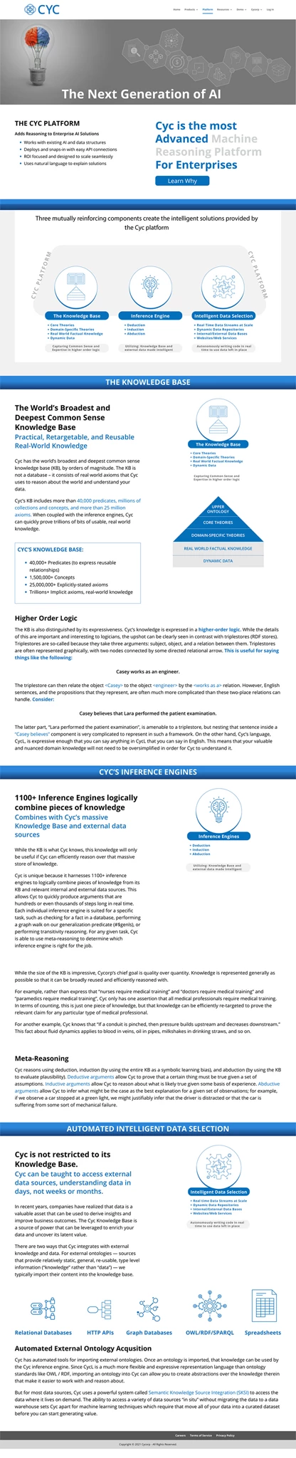 Long vertical web page for Cyc, 'The Next Generation of AI', covering its knowledge base, inference engines