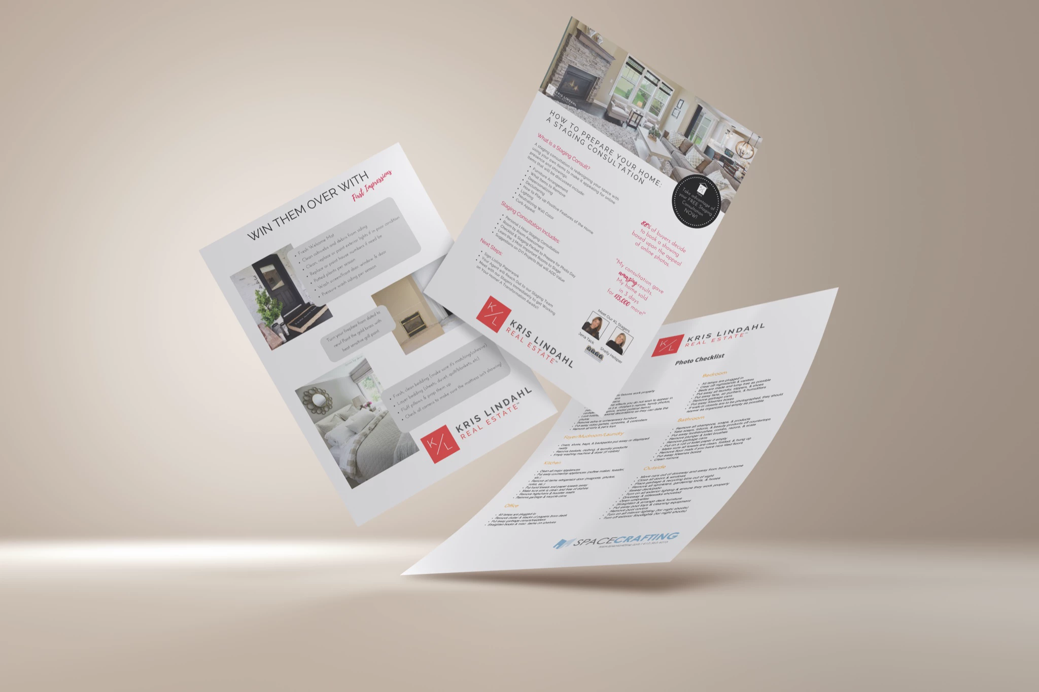 Three floating real estate flyers on a beige backdrop: Kris Lindahl Real Estate staging flyers titled "Win Them Over