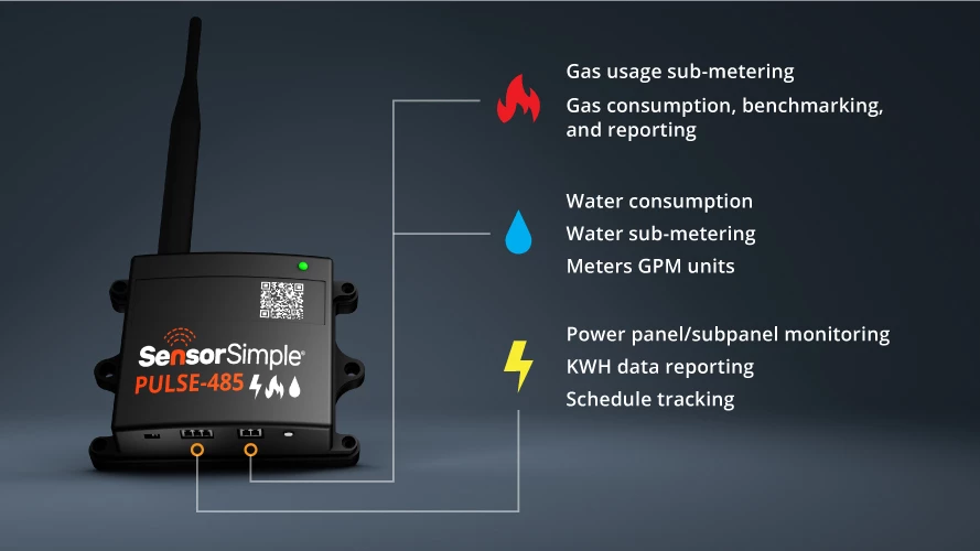 SensorSimple PULSE-485 black metering device with antenna on dark gradient background