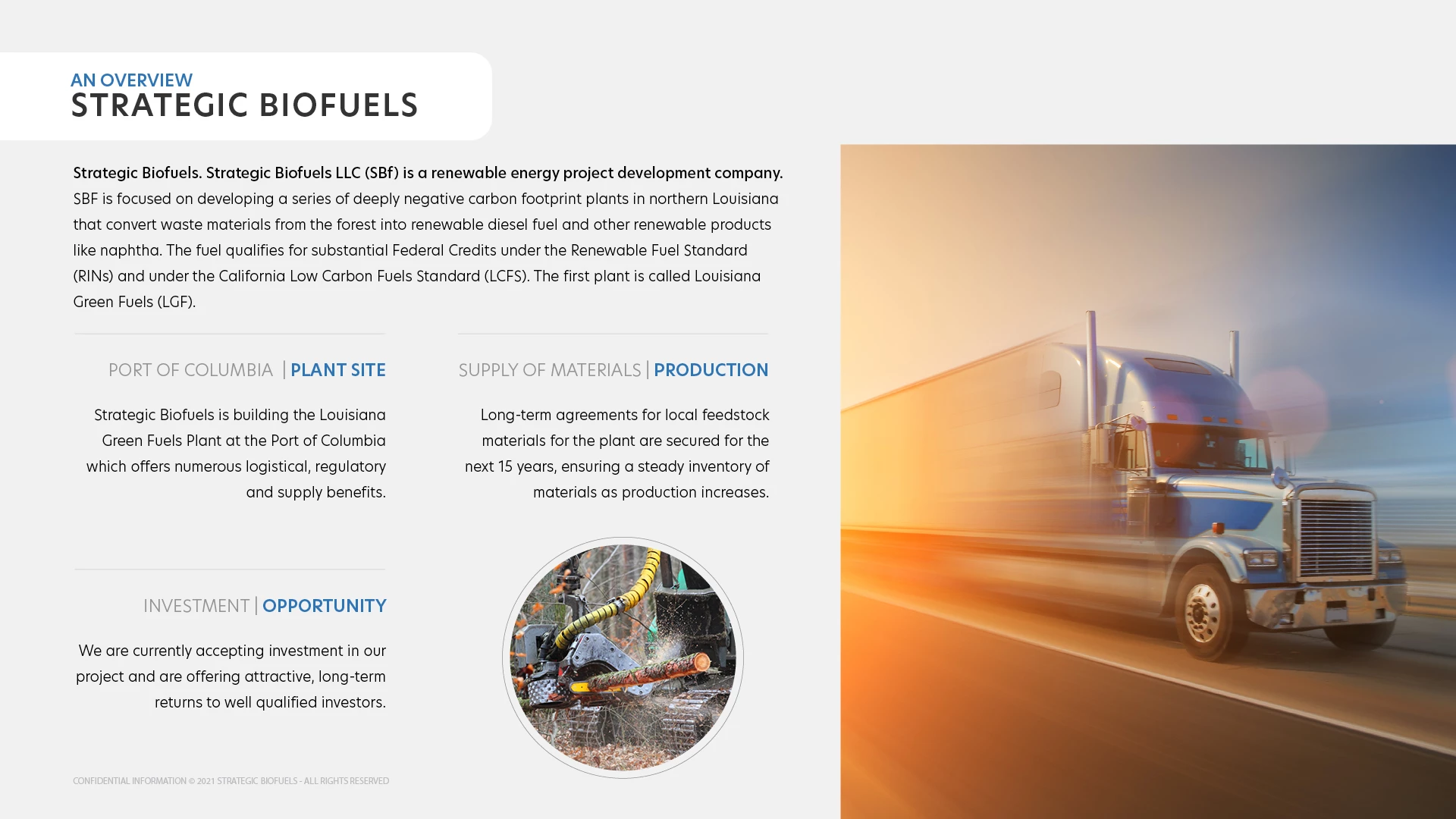 Strategic Biofuels investor overview slide, headline "STRATEGIC BIOFUELS" with "AN OVERVIEW" kicker