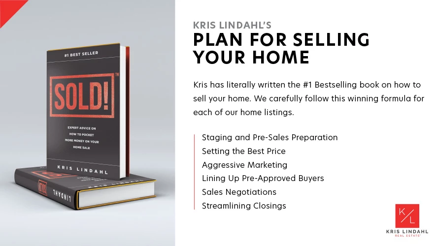 Kris Lindahl real estate ad with SOLD! bestseller book mockup on left and "Plan for Selling Your Home" headline