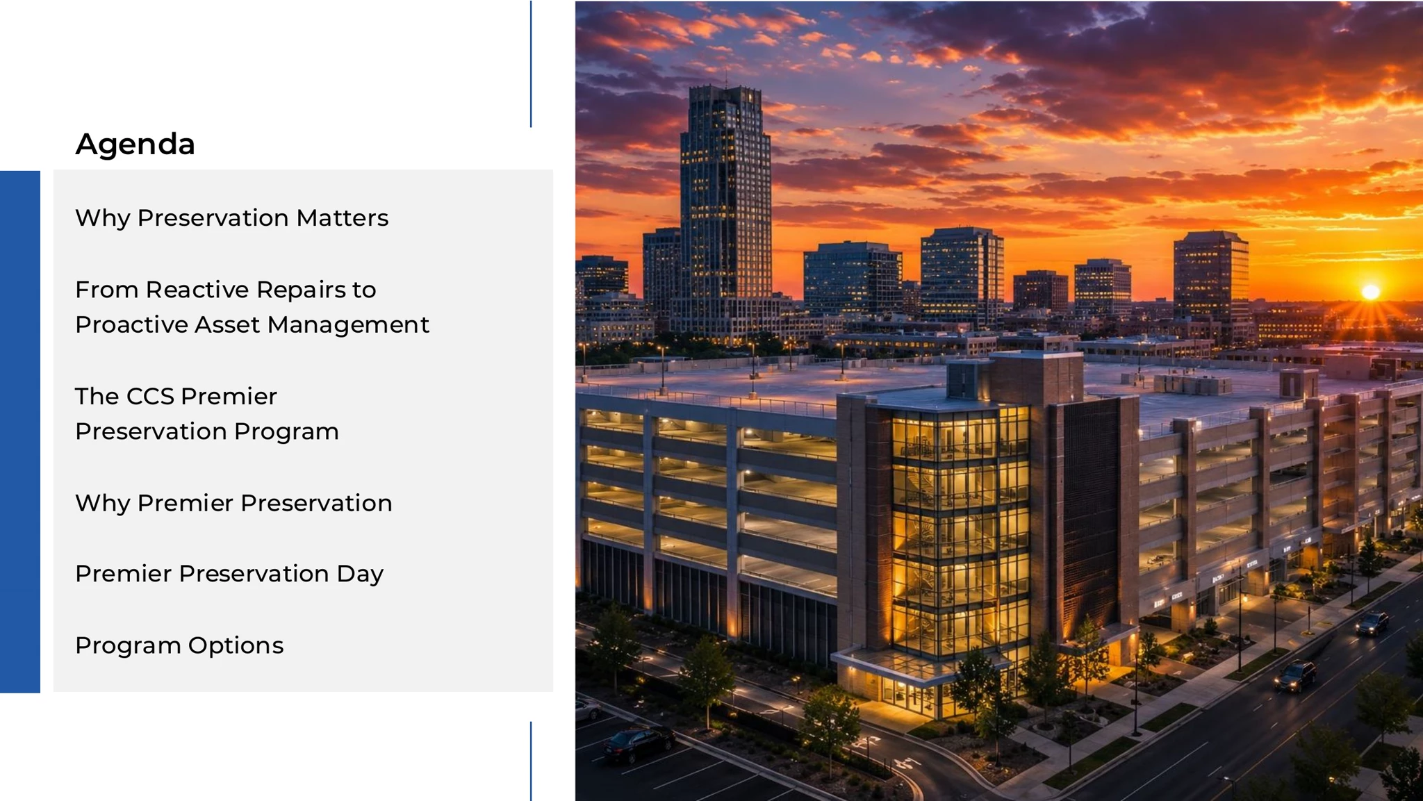 Agenda slide with parking garage at sunset photo on right, city skyline, headline "Agenda"
