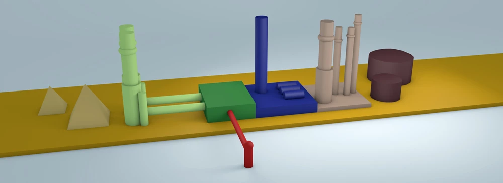 Stylized 3D render of colorful geometric blocks and cylinders on a yellow base plate (green, blue, lime, beige, maroon
