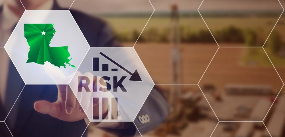 Hexagon-grid graphic with green Louisiana state map icon and a 'RISK' bar chart with downward arrow
