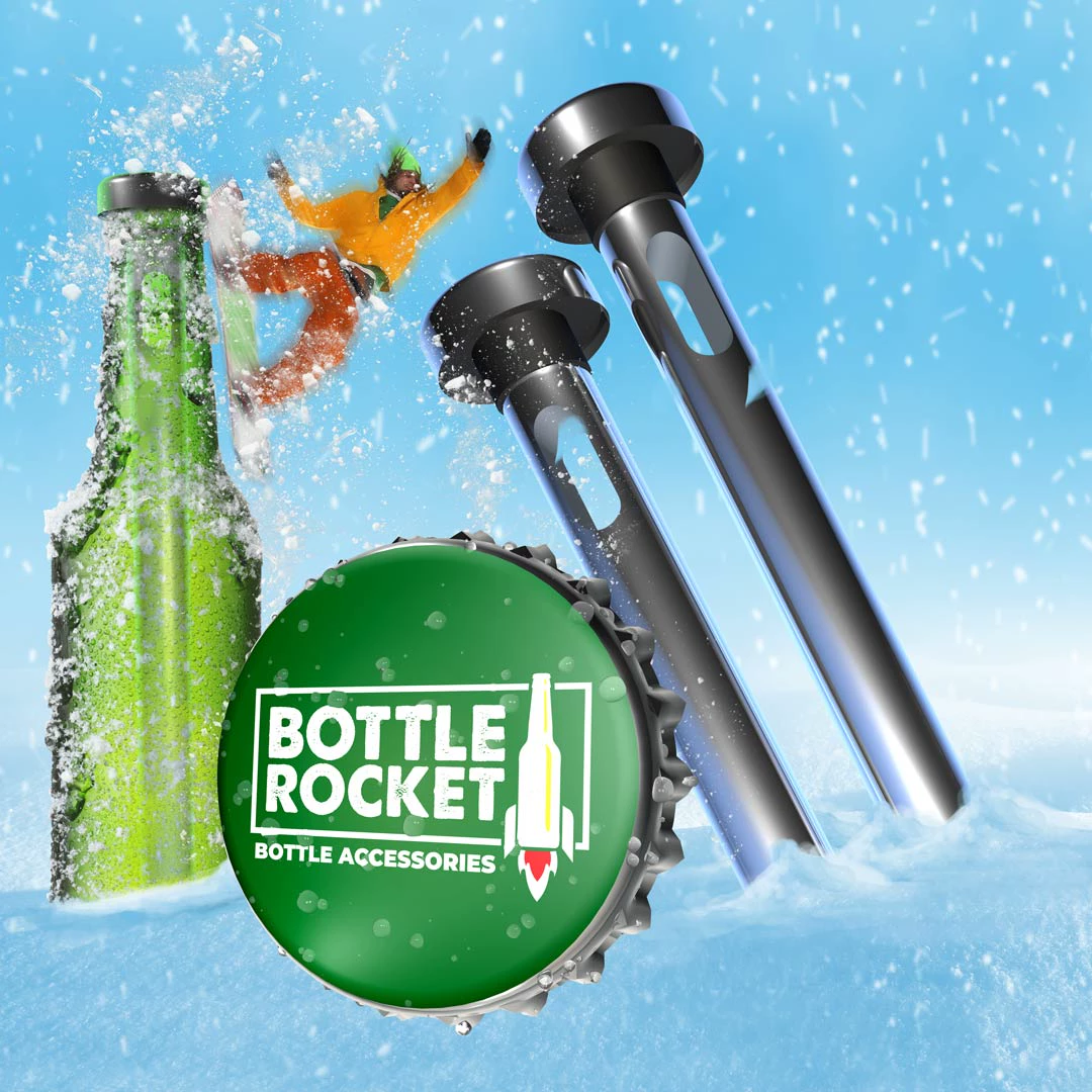 Bottle Rocket bottle accessories ad: green bottle cap logo and two black chiller tubes in a snowy scene