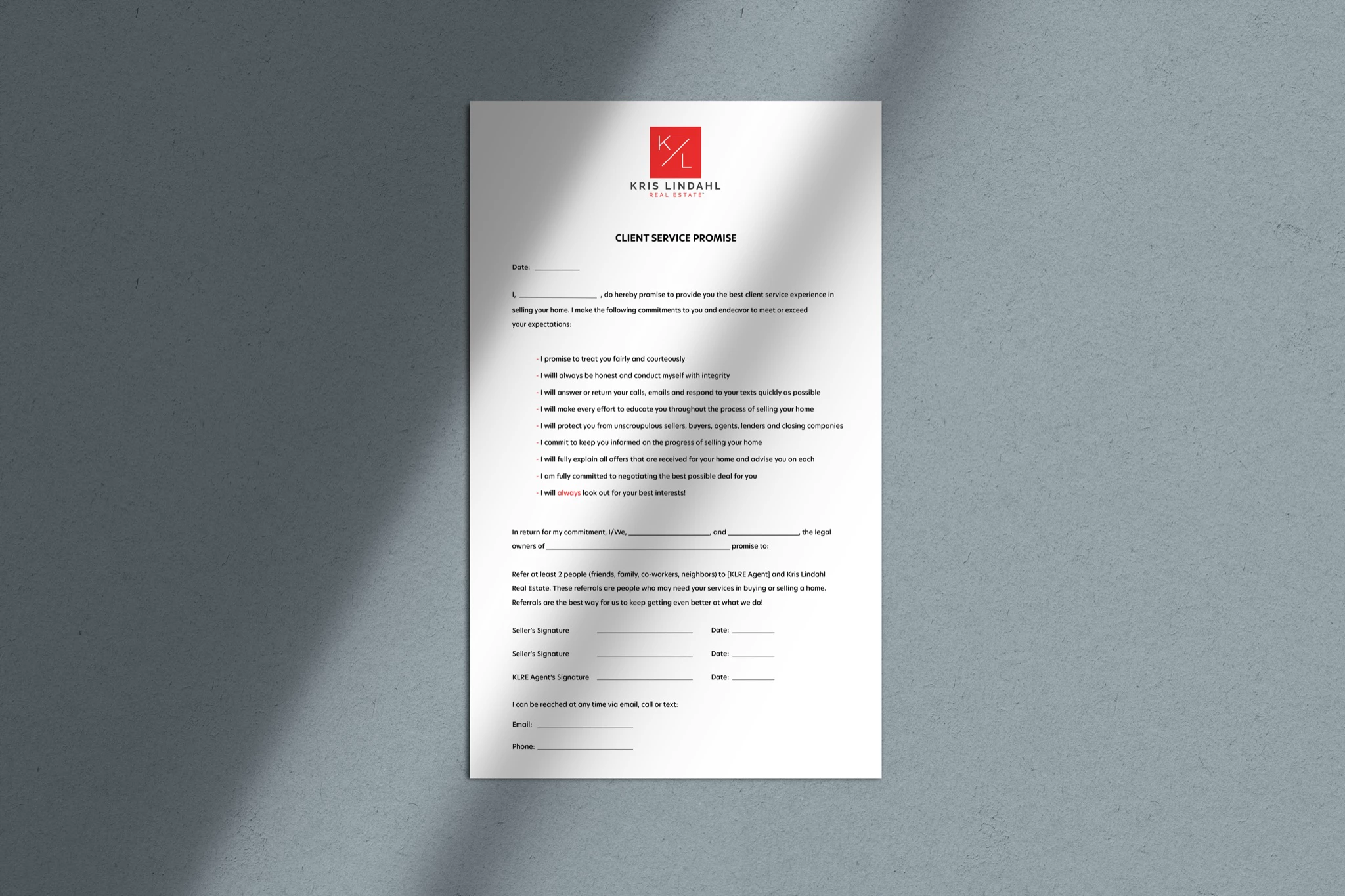 Client Service Promise document mockup for Kris Lindahl Real Estate