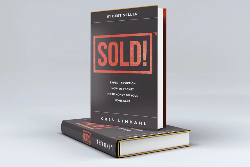 Hardcover book mockup of "SOLD!" by Kris Lindahl, dark charcoal cover with red boxed SOLD! headline, "#1 Best Seller" badge