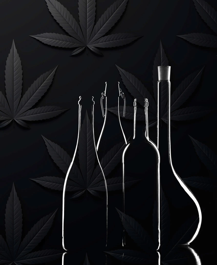 Silhouetted glass bottles and decanters outlined in light against a black background patterned with dark cannabis leaves