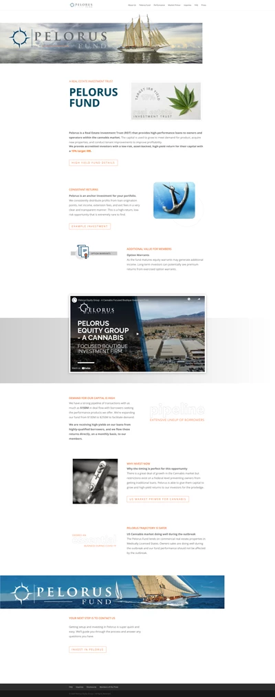 Full-page website screenshot for Pelorus Fund, a real estate investment trust for the cannabis market