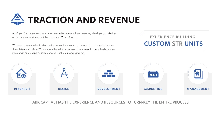 Ark Capital traction and revenue slide, headline "Traction and Revenue", experience building custom STR units