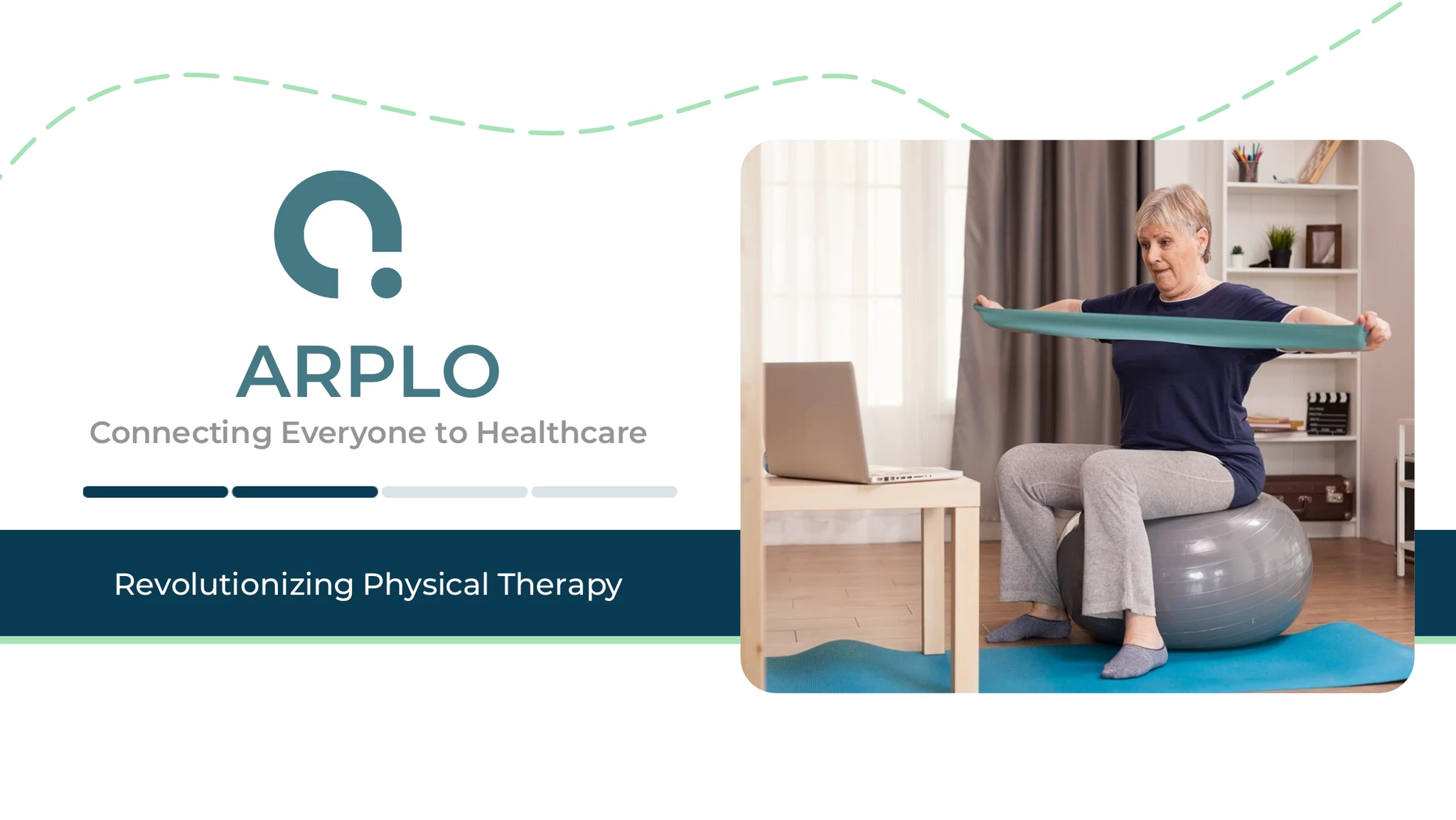 Arplo brand banner with logo and tagline "Connecting Everyone to Healthcare", headline "Revolutionizing Physical Therapy"