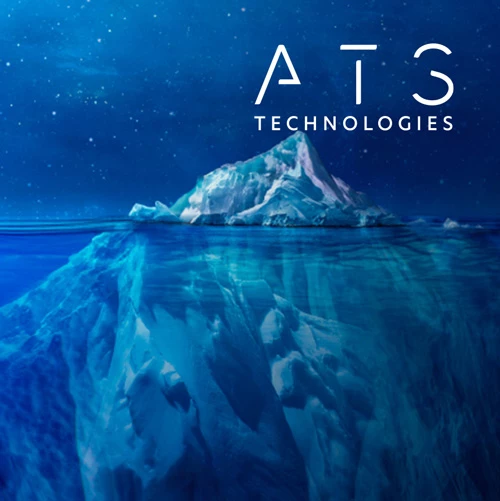 ATS Technologies logo over an iceberg with its tip above water and a large submerged mass below, starry night sky
