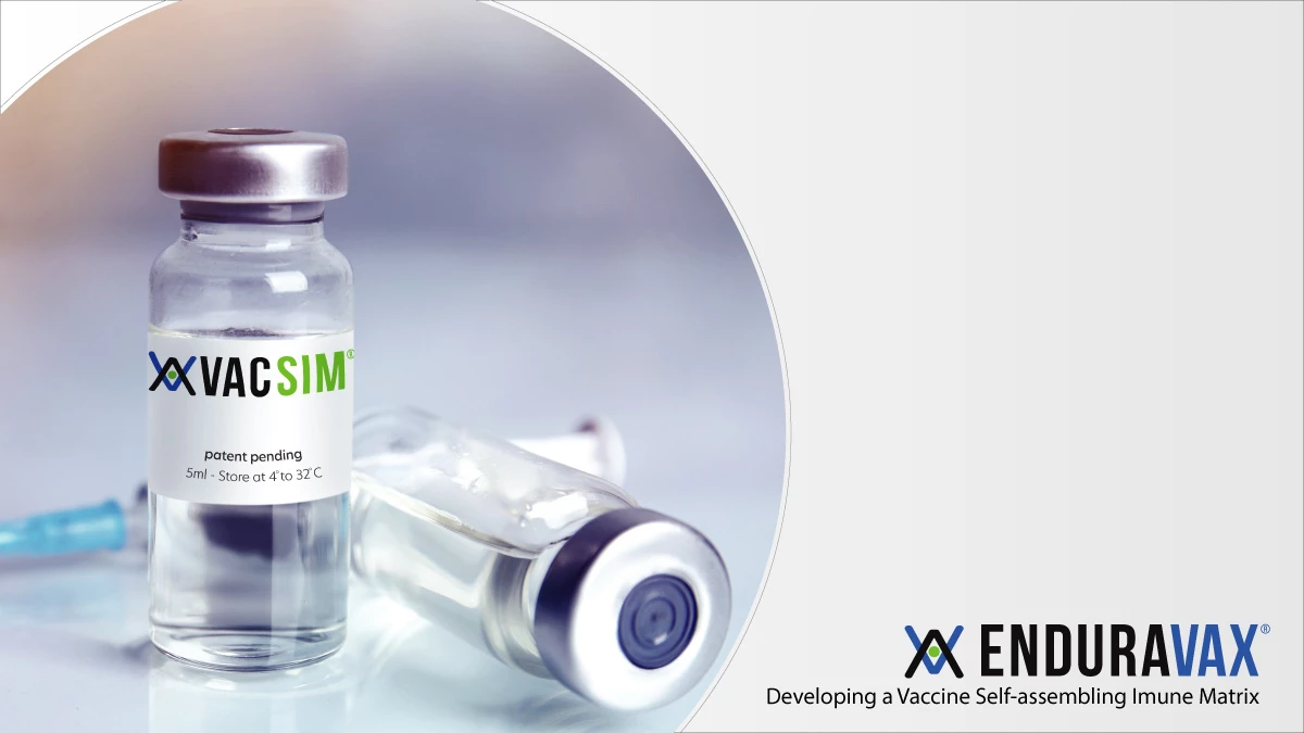 Two glass vaccine vials (one upright, one lying down) with a syringe, VacSim-labeled 5ml vial, EnduraVax logo lower right
