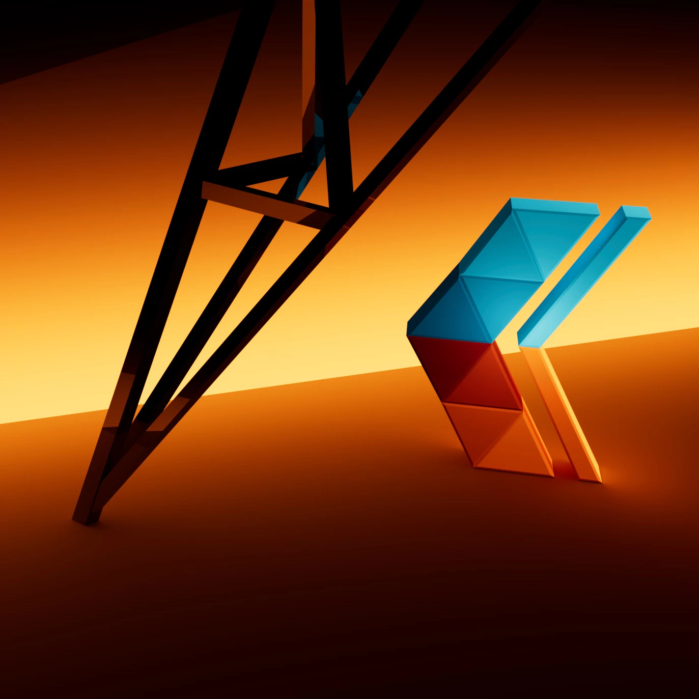 Abstract 3D render of a black lattice tower beside a blue, red and orange geometric sculpture against a warm orange sunset