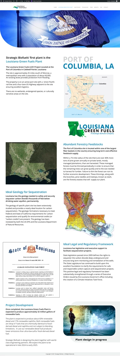 Strategic Biofuels Louisiana Green Fuels Plant website homepage screenshot, Port of Columbia LA headline, Louisiana map