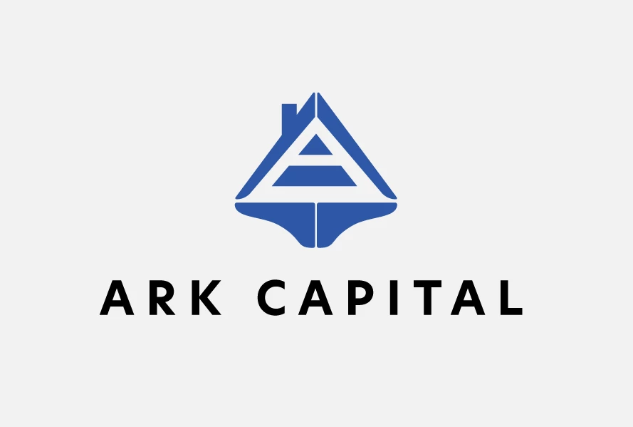 Ark Capital logo lockup, blue house-and-A emblem above black spaced wordmark, light gray background, flat vector brand logo