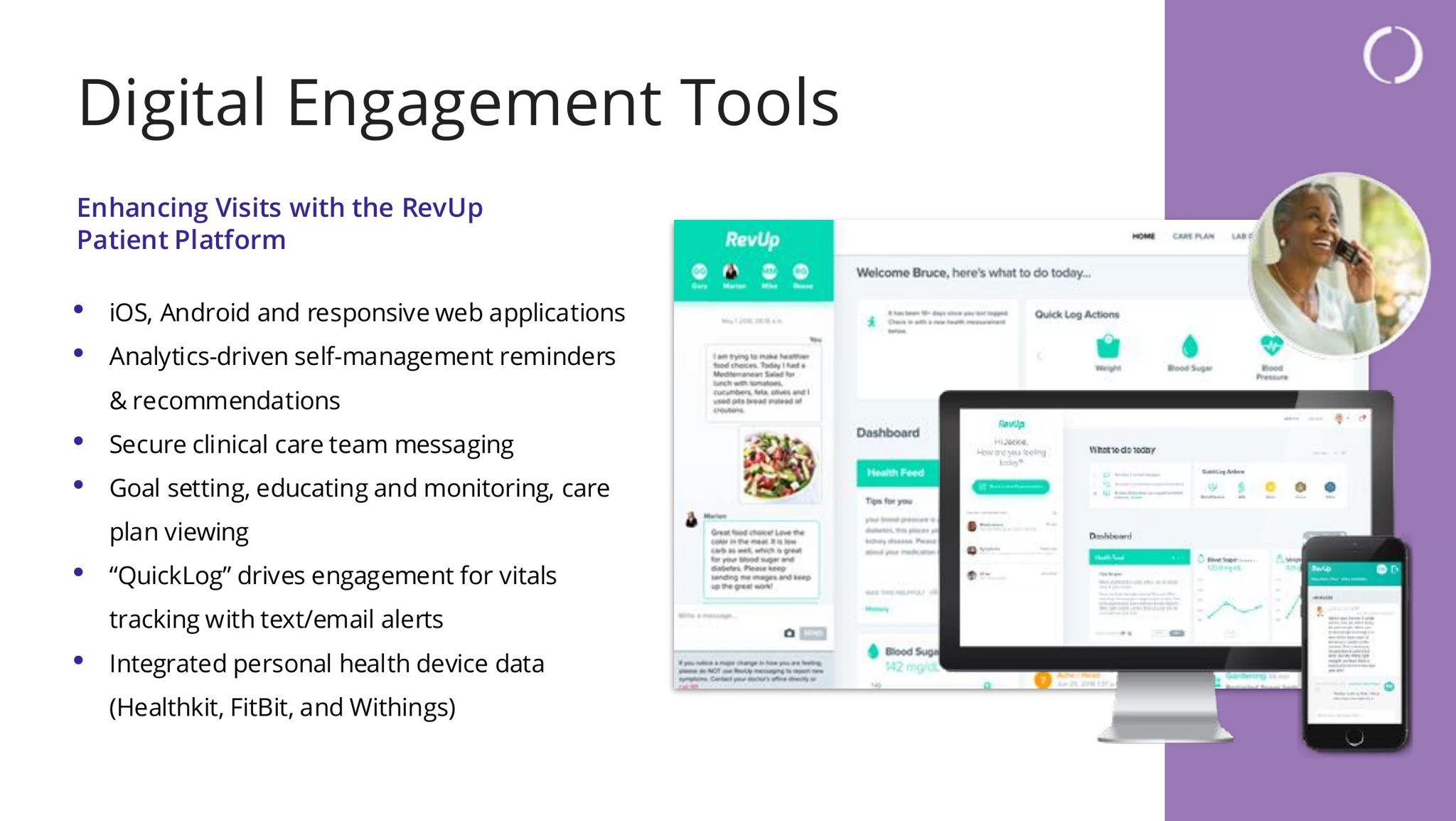 RevUp patient platform shown on desktop monitor, laptop, and smartphone with dashboard, messaging