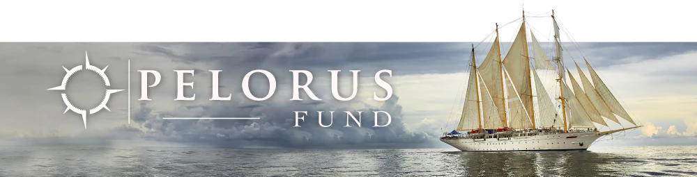 Pelorus Fund banner with white compass-rose logo and wordmark over a sailing ship under full sail on calm sea beneath stormy