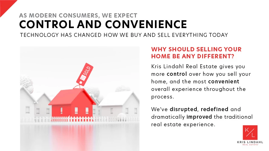 Red house with SOLD tag on a white picket fence, Kris Lindahl Real Estate slide, headline "Control and Convenience"