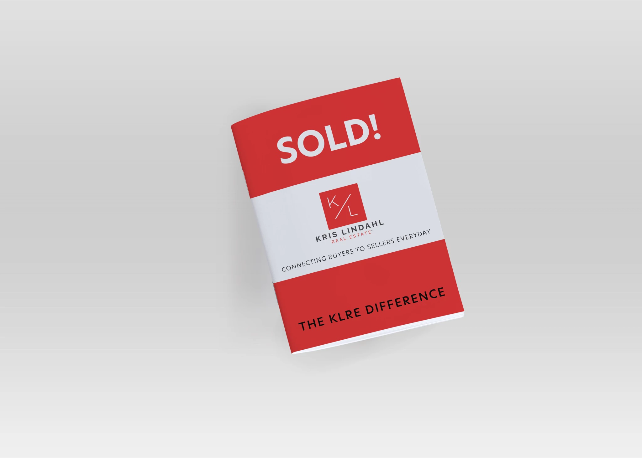 Red real estate brochure mockup with SOLD! headline, Kris Lindahl Real Estate KL logo