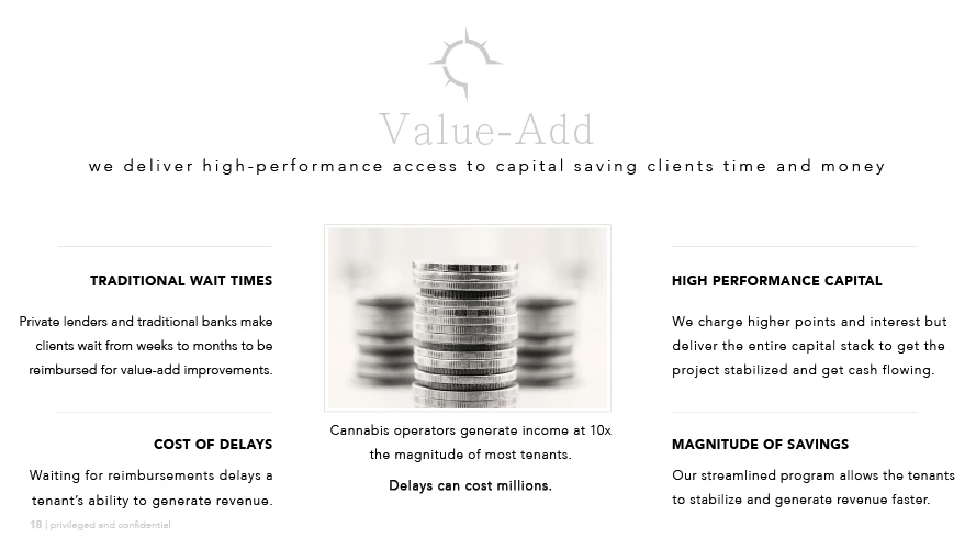 Value-Add slide with stacked silver coins photo in center, headline "we deliver high-performance access to capital saving