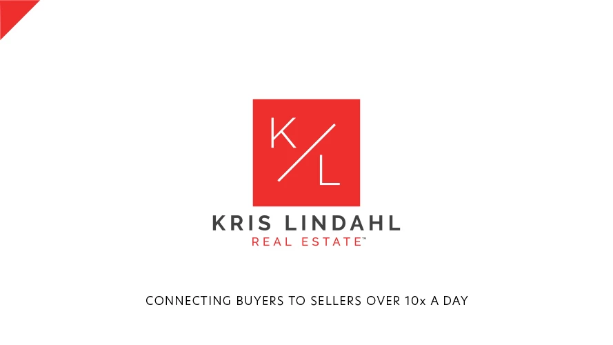 Kris Lindahl Real Estate logo on white background, red square monogram with white K/L split by diagonal line