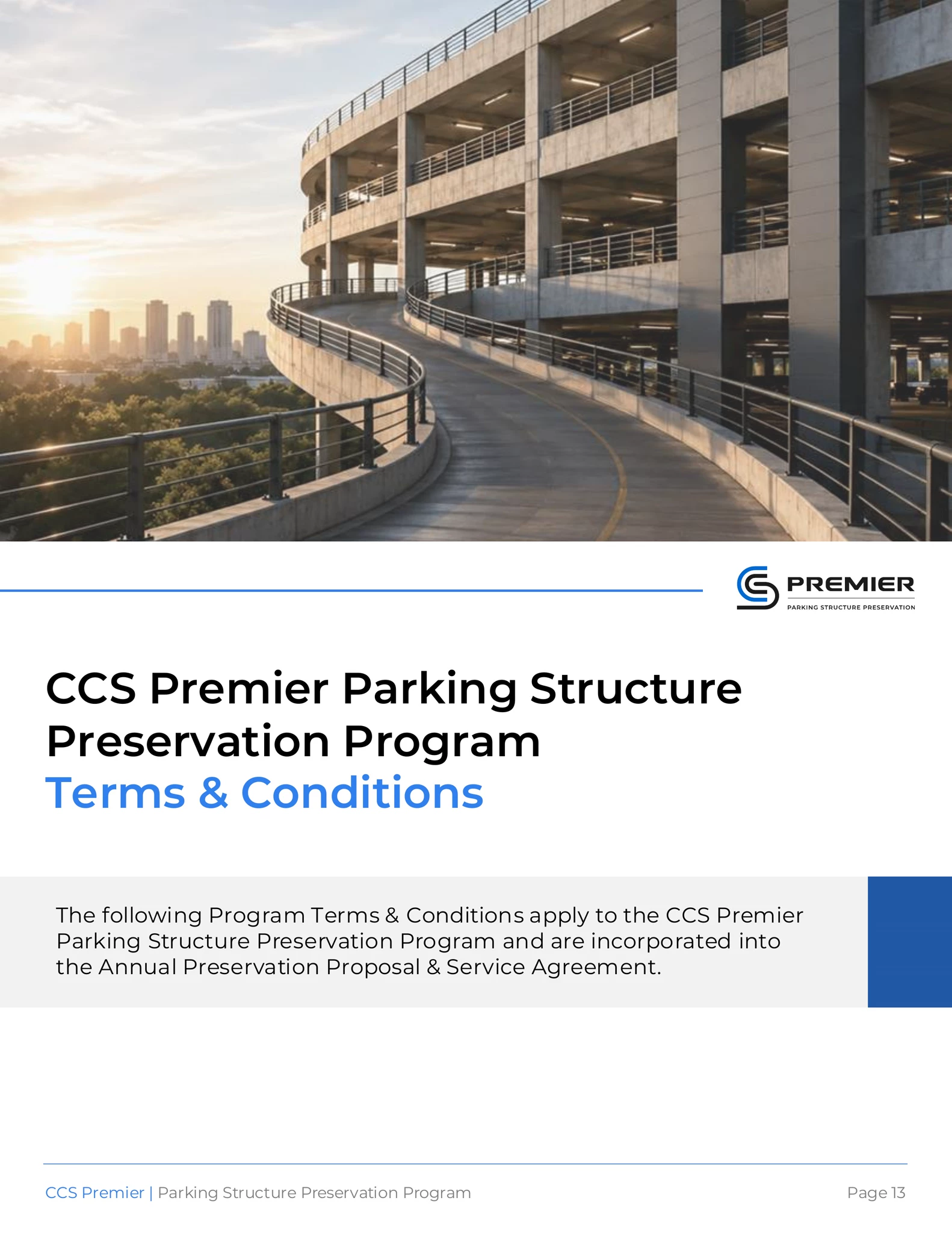 CCS Premier Parking Structure Preservation Program Terms & Conditions cover page
