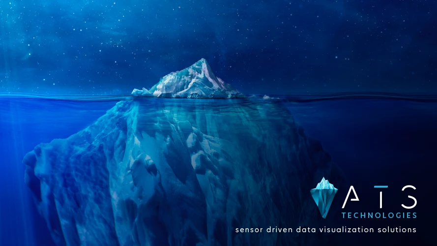 Iceberg split above and below the waterline under a starry night sky, ATS Technologies logo with iceberg mark bottom-right