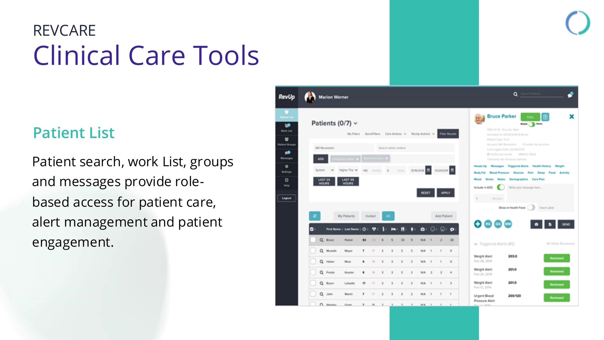 RevCare Clinical Care Tools slide showing a patient list dashboard UI with patient table