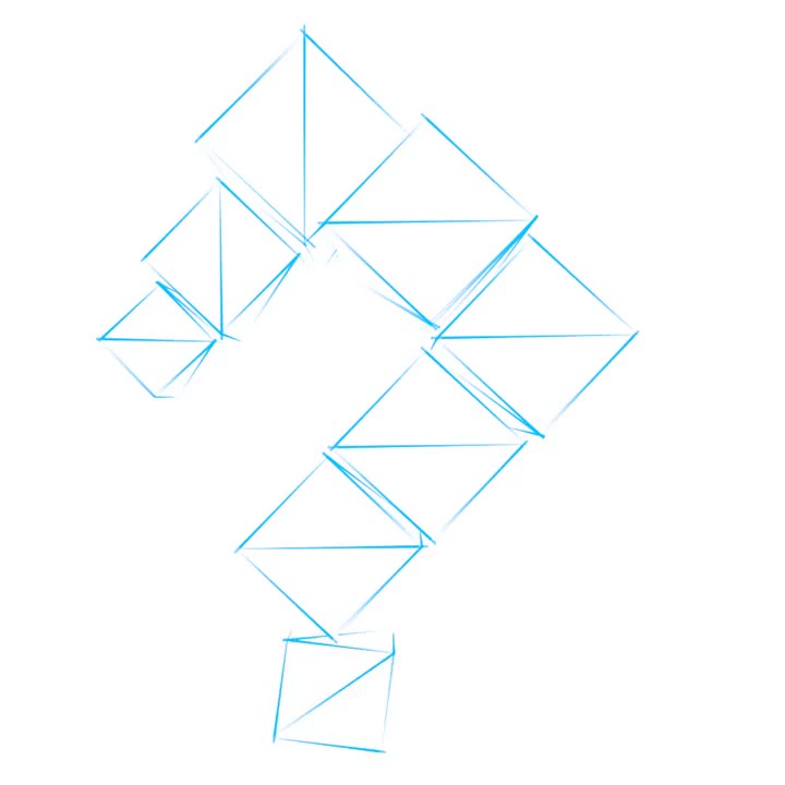 Blue line-drawn tangram puzzle outline of seven geometric pieces forming a question-mark-like shape on a white background