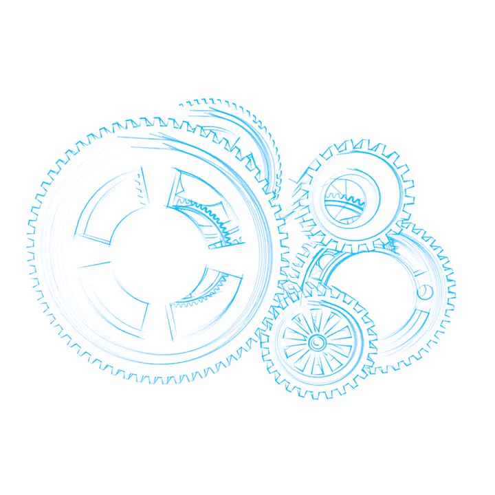 Interlocking gear mechanism drawn in blue pen-sketch line art on white, multiple meshing gears of varying sizes