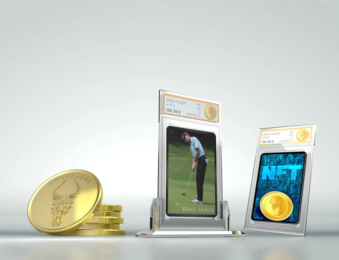 Brad Faxon golf trading card in clear graded slab beside gold coins and NFT card with gold coin